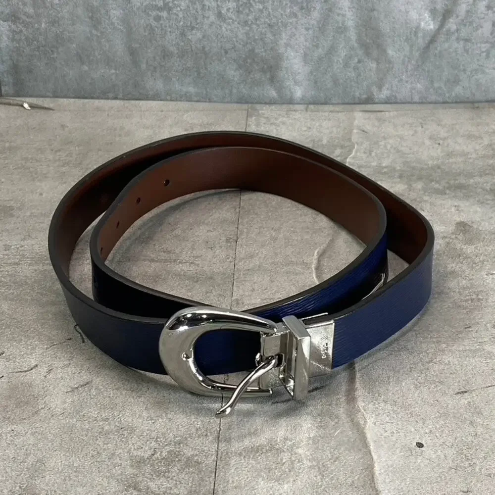 LAUREN RALPH LAUREN Women's Navy/Papay Saffiano To Smooth Reversible Belt SZ M